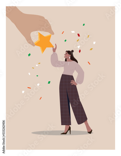 Woman with reward. Big hand gives girl star on background of confetti. Prize for best worker, winner of competition. Achievement of goals, leadership and motivation. Cartoon flat vector illustration