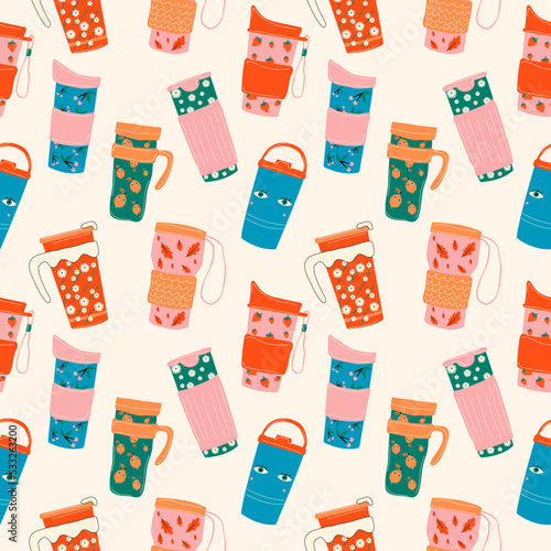 Seamless pattern with  Vintage thermos cups. Thermos Chinese retro thermo Flask. Cute  print on the side. Hand drawn colorful Vector. Cartoon style