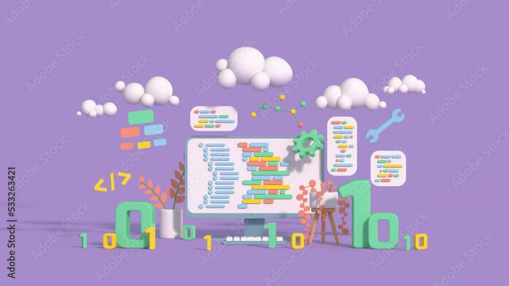 Computer programming or software developing concept. Minimal cartoon style 3D render animation Computer programming or software developing concept. Minimal cartoon style 3D render animation