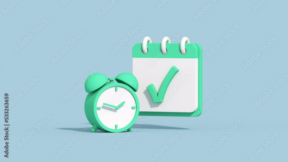Clock and checkmark in calendar. Planning and office work concept. Minimal cartoony 3D render animation Clock and checkmark in calendar. Planning and office work concept. Minimal cartoony 3D render animation