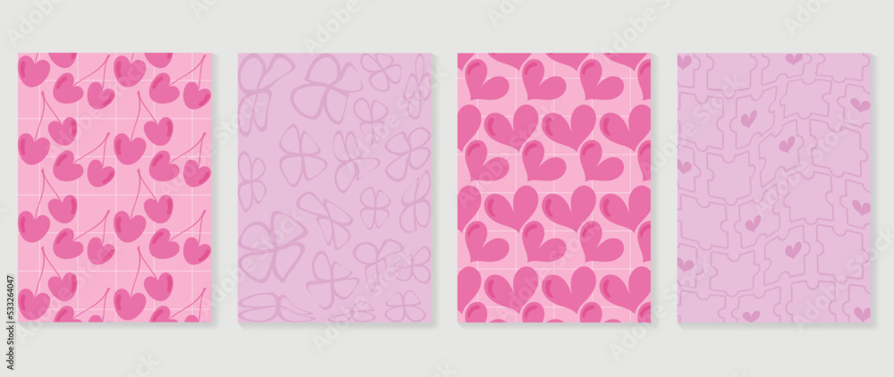 Collection of y2k style background vector. Set of lovely vibes wallpaper, pastel color, psychedelic, grid, heart, cherry, flowers. Trendy girly 90s, 2000s poster for banner, prints, decorative, cover.