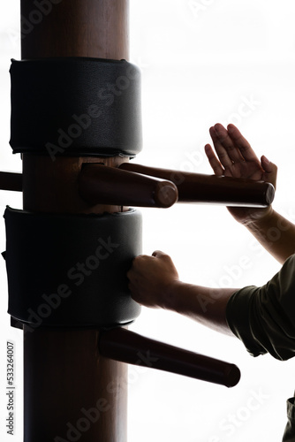 Silhouette of a fighter Wing Chun and wooden dummy on a background. Wing Chun Kung Fu Self defense photo