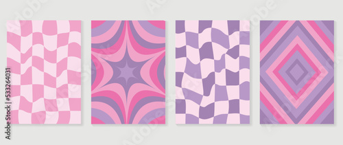 Collection of y2k style background vector. Set of lovely vibes wallpaper, pastel color, psychedelic, grid, geometric shapes. Trendy girly 90s, 2000s poster for banner, prints, decorative, cover.
