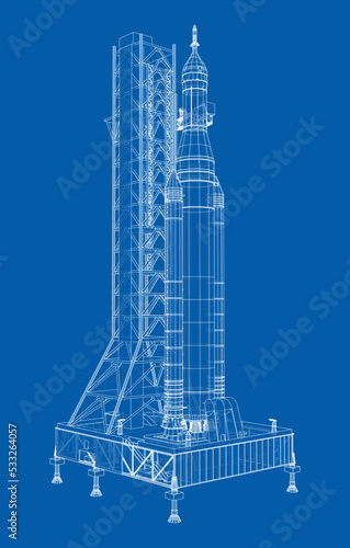 Space Rocket on launch pad. Vector rendering of 3d
