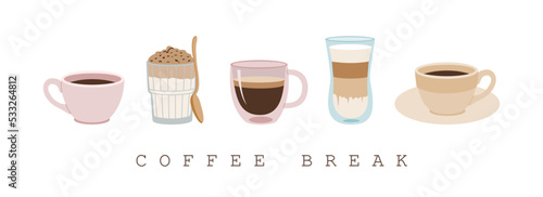 Set of different coffee drinks in ceramic and glass dishes. Espresso, latte, americano, coffee dessert. Hand drawn colored vector illustration isolated on white background. Flat cartoon style.