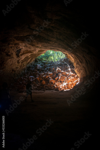 Looking out from inside Undara lava tube, outback Queensland, Australia photo