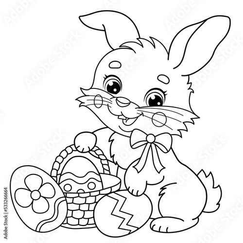 Coloring Page Outline Of cartoon cute Easter bunny with a basket of eggs and sweets. Coloring Book for kids.