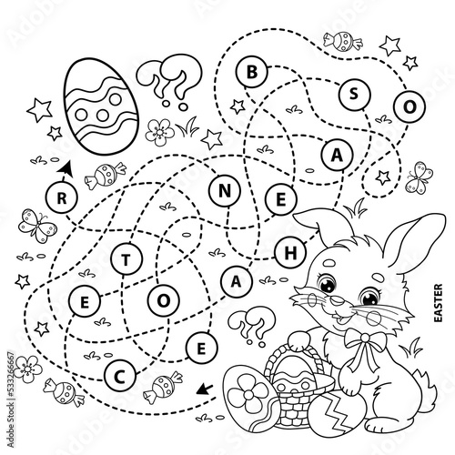 Maze or Labyrinth Game. Puzzle. Tangled road.Coloring Page Outline Of cartoon cute Easter bunny with eggs and sweets. Coloring Book for kids.