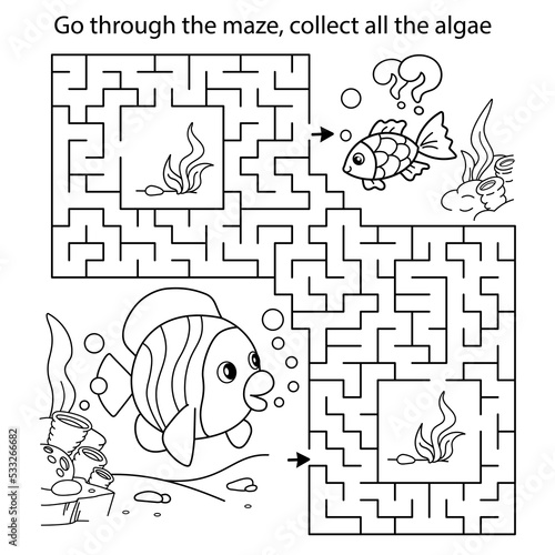 Maze or Labyrinth Game. Puzzle. Coloring Page Outline Of cartoon fishes. Underwater world. Coloring Book for kids.