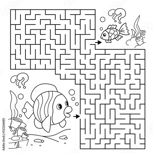 Maze or Labyrinth Game. Puzzle. Coloring Page Outline Of cartoon fishes. Underwater world. Coloring Book for kids.