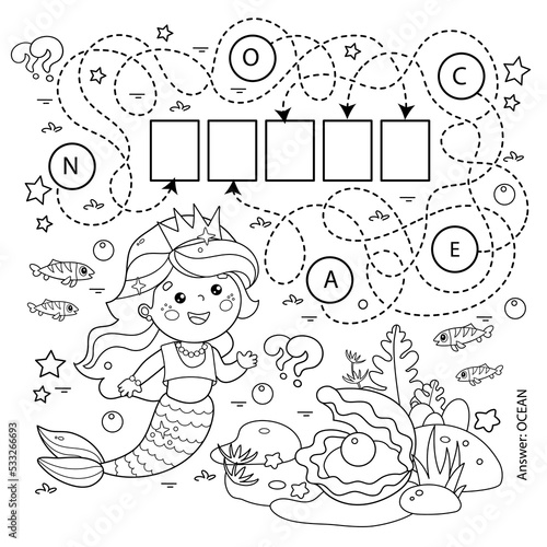 Maze or Labyrinth Game. Puzzle. Coloring Page Outline Of cartoon beautiful little mermaid. Marine princess. Underwater world. Coloring book for kids.