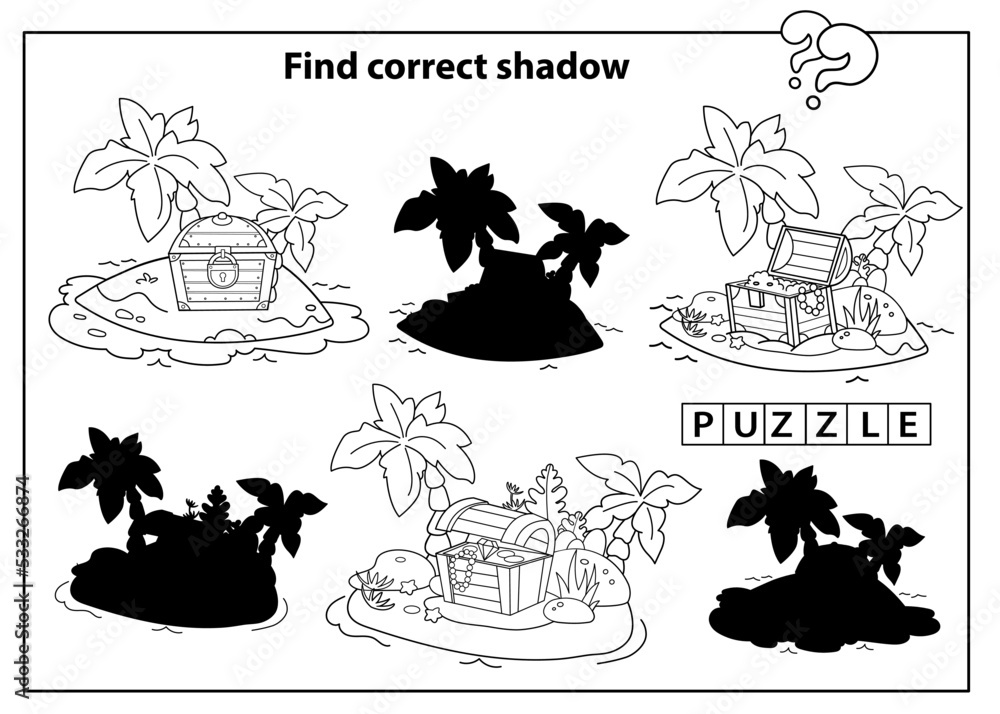 Puzzle Game for kids. Find correct shadow. Coloring Page Outline Of cartoon pirate Island of treasure. Coloring book for children.