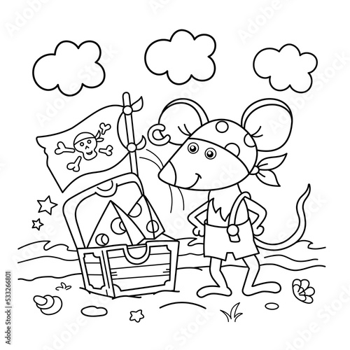 Coloring Page Outline Of cartoon little pirate mouse with chest of treasure. Cheese trove. Coloring Book for kids.