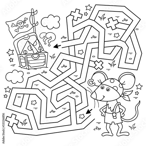 Maze or Labyrinth Game. Puzzle. Tangled road. Coloring Page Outline Of Cartoon little pirate mouse with chest of treasure. Cheese trove. Coloring Book for kids.