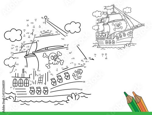 Puzzle Game for kids: numbers game. Coloring Page Outline Of cartoon pirate ship. Sailboat with black sails with skull in sea. Coloring Book for children.