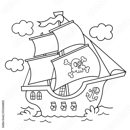 Coloring Page Outline Of Cartoon pirate ship. Sailboat with black sails with skull in sea drawing. Coloring book for kids.