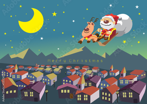 クリスマスの夜のまちを飛ぶサンタさんのポストカード