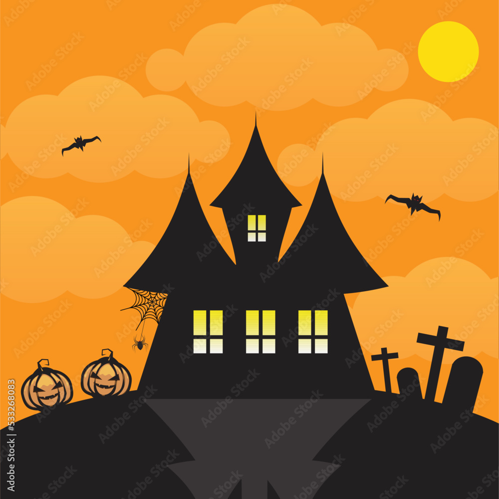 In Halloween night  black mysterious house that looks palace with dark sky, the moon and orange cloud, silhouette of bat. A cemetery with pumpkins in front. For cute Halloween card, banner.
