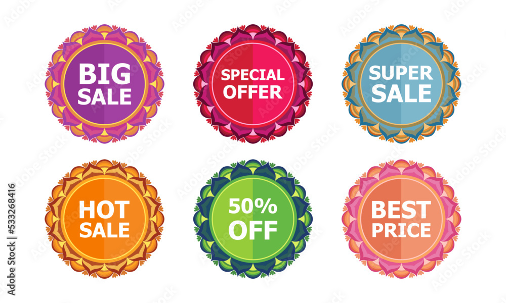 Set of round frames with bright colorful patterns. Discount banner design with abstract floral ornament. Promo circle sticker. 