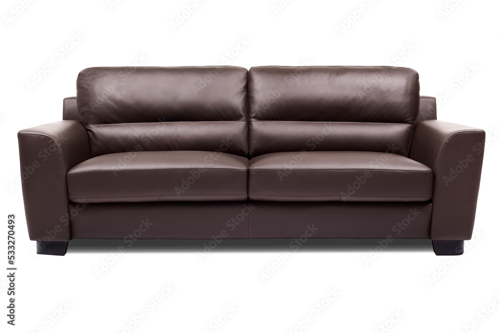 Dark brown leather 2 seater designer sofa with black wood legs, isolated on white, furniture series Dark brown leather 2 seater designer sofa with black wood legs, isolated on white, furniture series