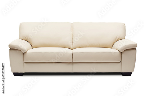 Beige leather 2 seater designer sofa with black wood legs, isolated on white, furniture series