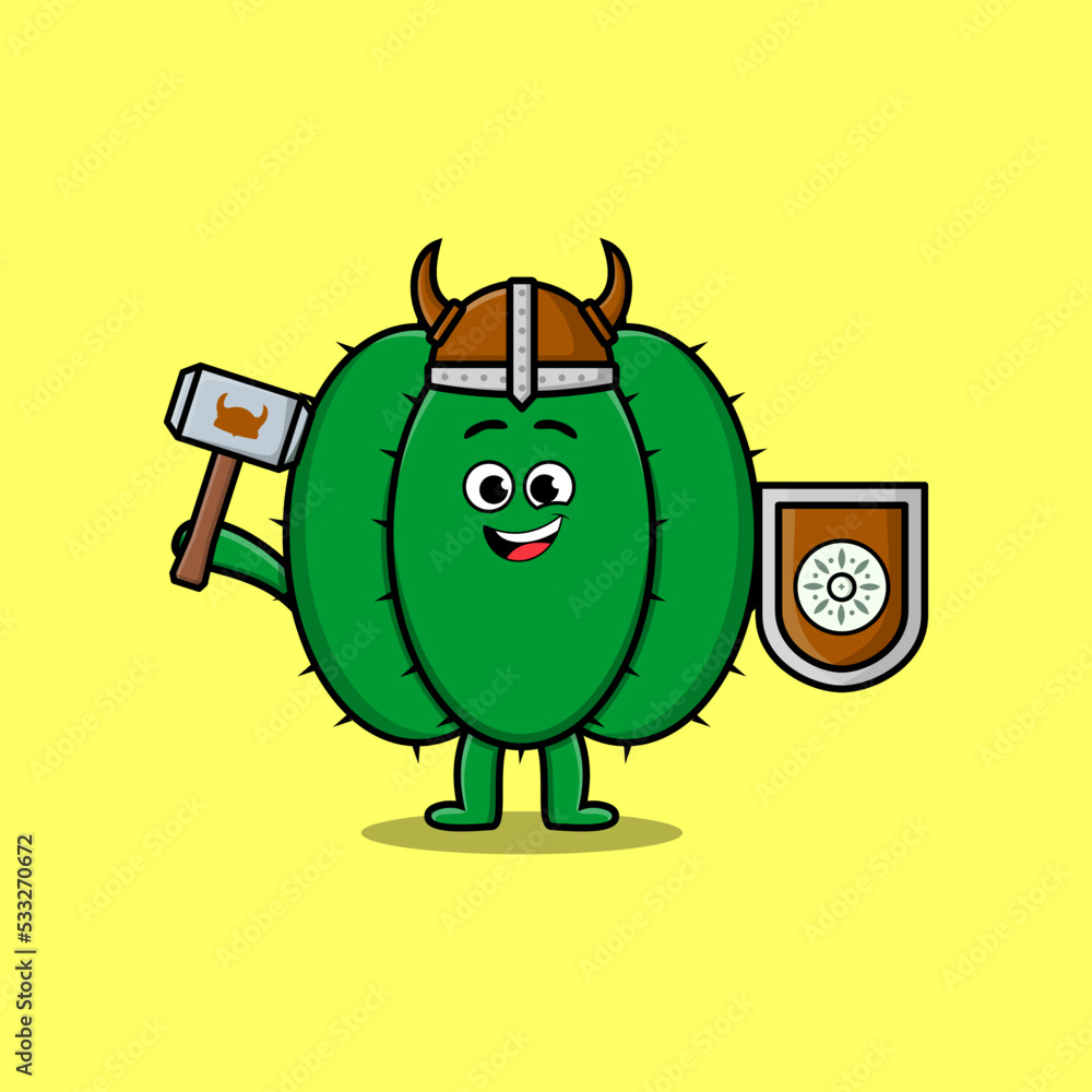 Cute cartoon character Cactus viking pirate with hat and holding hammer and shield Cute cartoon character Cactus viking pirate with hat and holding hammer and shield