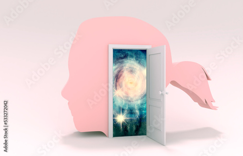 Tablou pe pânză Open door in human head leading to universe filled with stars