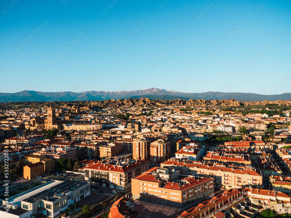 Panoramic aerial landscape view in air balloon on the town of Guadix in Granada