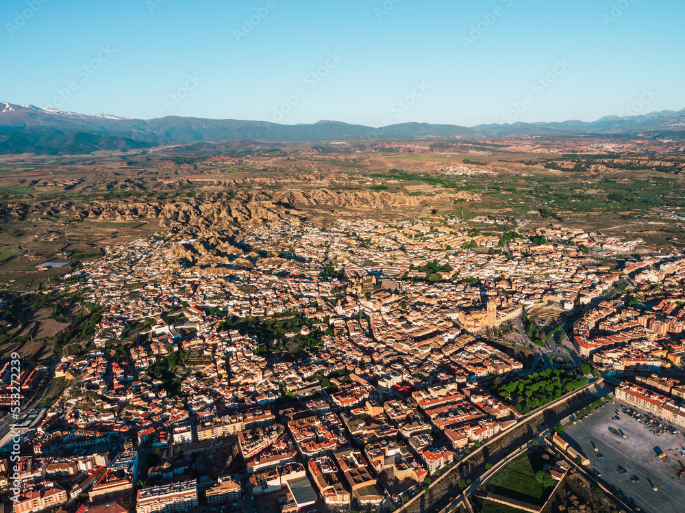 Panoramic aerial landscape view in air balloon on the town of Guadix in Granada