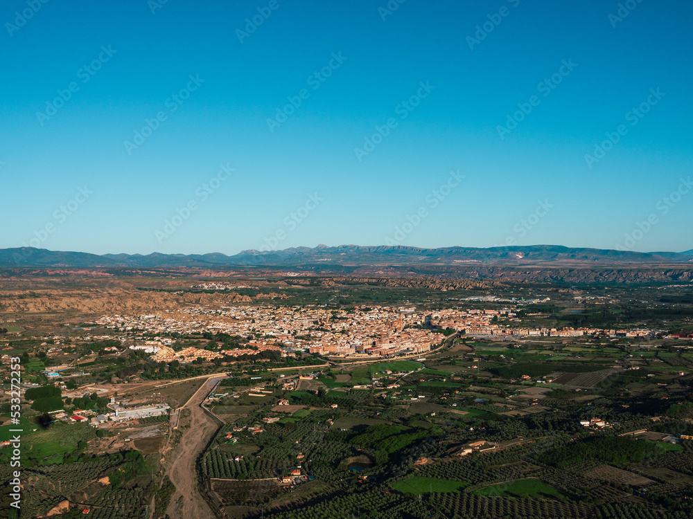 Panoramic aerial landscape view in air balloon on the Guadix fields