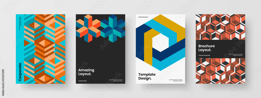 Isolated geometric pattern leaflet template collection. Multicolored front page A4 design vector illustration bundle.
