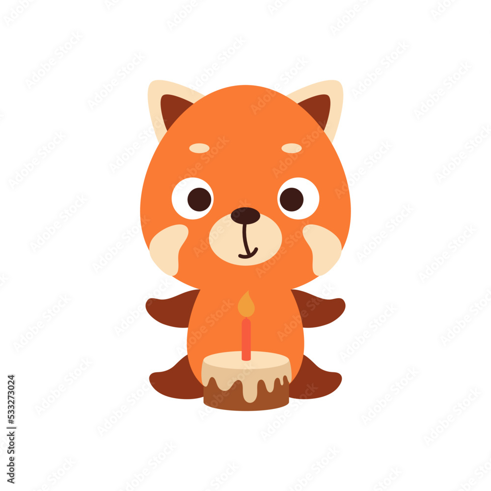 Cute little red panda with birthday cake on white background. Cartoon animal character for kids cards, baby shower, invitation, poster, t-shirt composition, house interior. Vector stock illustration Cute little red panda with birthday cake on white background. Cartoon animal character for kids cards, baby shower, invitation, poster, t-shirt composition, house interior. Vector stock illustration