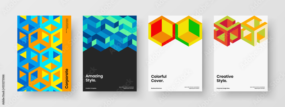 Original corporate identity A4 vector design concept collection. Vivid geometric tiles magazine cover layout set.