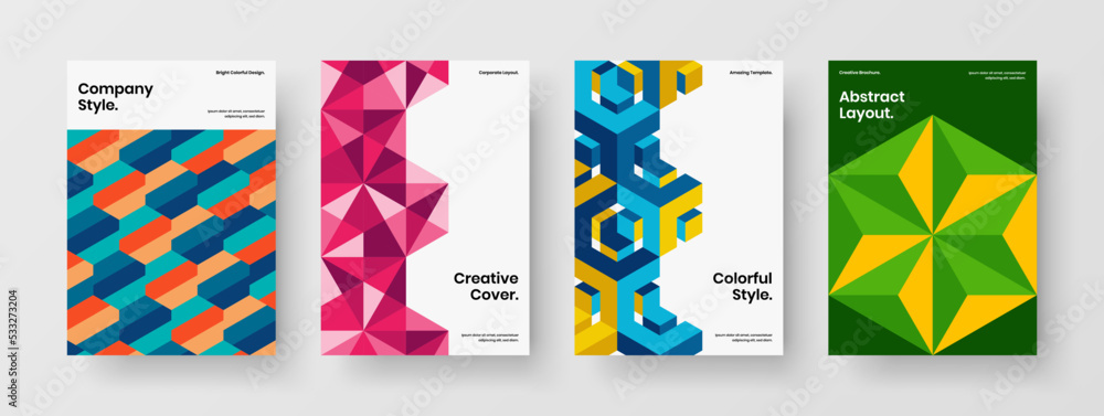Trendy company brochure design vector illustration composition. Fresh mosaic pattern leaflet layout bundle.