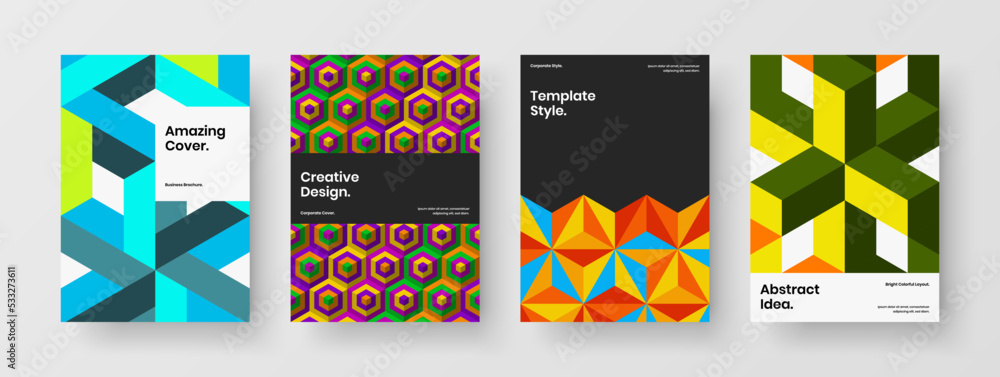 Fototapeta premium Creative company brochure design vector concept composition. Premium mosaic pattern leaflet layout set.
