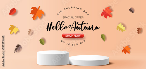 Product banner for autumn, podium platform with geometric shapes, collection of beautiful fall leaves, paper illustration, and 3d paper.