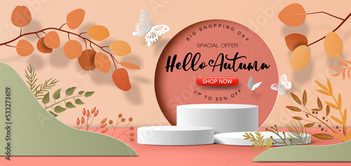 Product banner for autumn, podium platform with geometric shapes, collection of beautiful fall leaves, paper illustration, and 3d paper.