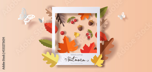 Template with a beautiful collection of autumn leaves, 
paper illustration, and 3d paper.