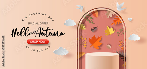 Product banner for autumn, podium platform with geometric shapes, collection of beautiful fall leaves, paper illustration, and 3d paper.