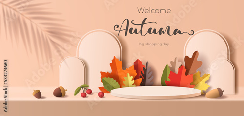 Product banner for autumn, podium platform with geometric shapes, collection of beautiful fall leaves, paper illustration, and 3d paper.