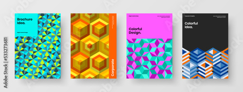 Trendy front page design vector template collection. Multicolored mosaic hexagons company identity illustration composition.