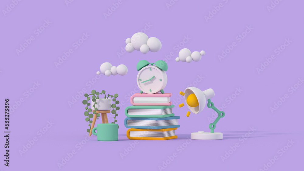 Education concept cartoony books clock and desk lamp 3D render illustration Education concept cartoony books clock and desk lamp 3D render illustration