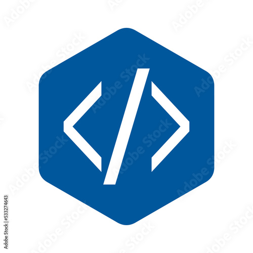 Code emblem, blue hexagon, white angle brackets, HTML icon. photo
