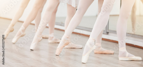 Fitness, art and ballet dance class training practice creative dancing in a studio or center, wellness movement lesson. Closeup on shoes of women dancers learning a routine, prepare for performance