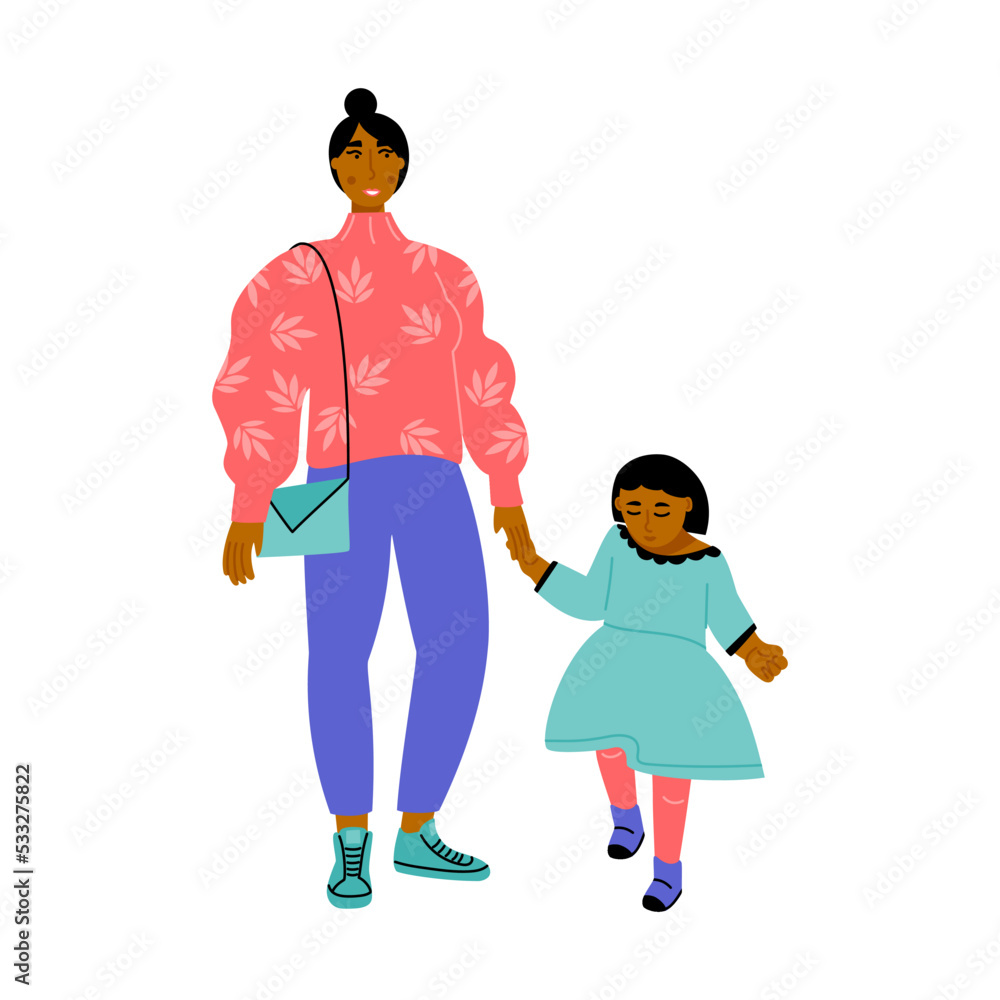 Portrait of young afro american woman standing with her infant kid. Mom and daughter. Mother walking with child. Vector flat illustration Portrait of young afro american woman standing with her infant kid. Mom and daughter. Mother walking with child. Vector flat illustration