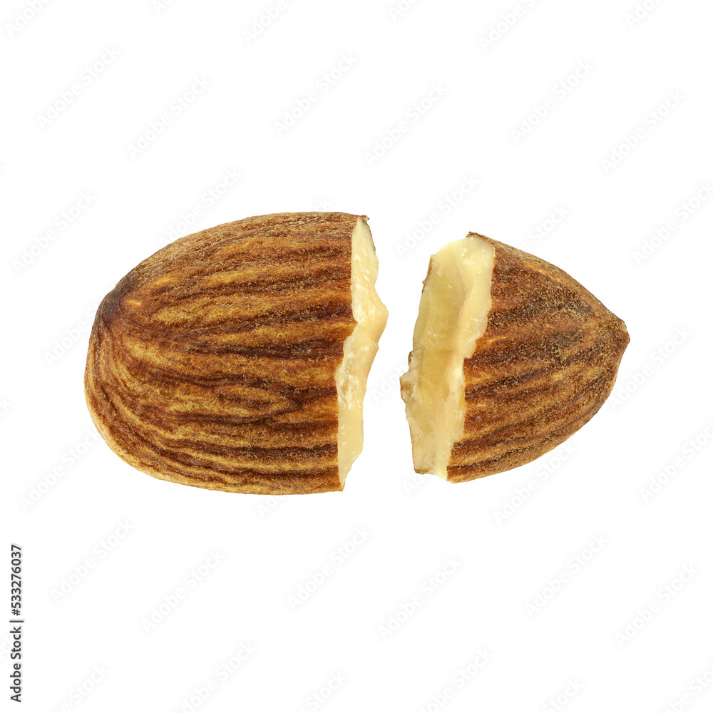 Broken pieces Almonds, Isolated on white background, Top view Broken pieces Almonds, Isolated on white background, Top view