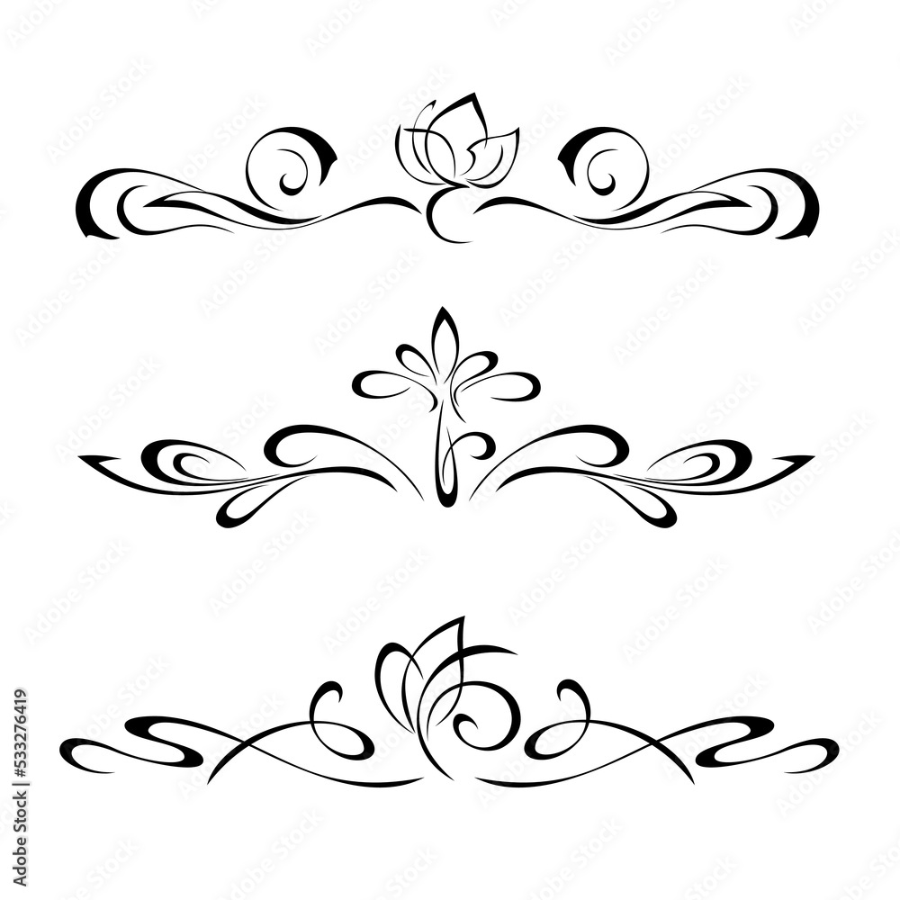 symmetrical ornament 34. three symmetrical decorative ornaments with vignettes and a stylized flower in the center. graphic decor, KIT
