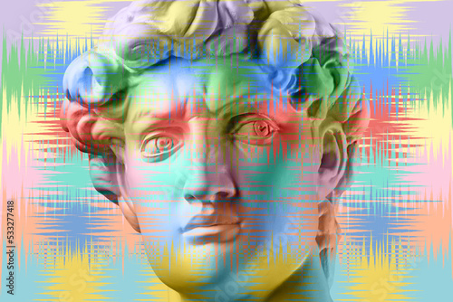 Fototapeta Naklejka Na Ścianę i Meble -  Antique sculpture of human face in artificial intelligence pop art style. Modern creative concept image with ancient statue head. Contemporary neural network art poster. Funky punk collage design.
