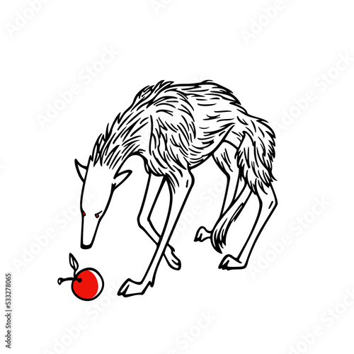 Vector card with hand drawn cute skinny wolf yearning for a ripe red apple. Ink drawing, graphic style, funny illustration. Beautiful design elements.