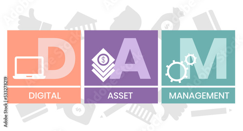 DAM - Digital Assets Management System Vector Illustration Concept with keywords and icons. lettering illustration with icons for web banner, flyer, landing page